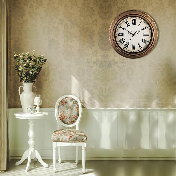 Plumeet Small Retro Wall Clock, 10'' Non Ticking Classic Silent Vintage Wall Clocks Decorative Kitchen Living Room Bedroom, Roman Numerals, Battery Operated