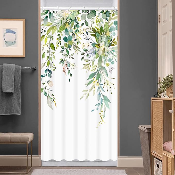 Stall Green Eucalyptus Shower Curtain Set Watercolor Floral Plant Leaf Shower Curtains for Bathroom Botanical Flower Waterproof Fabric Bath Curtain Decor (Green, 36'' x 72'')