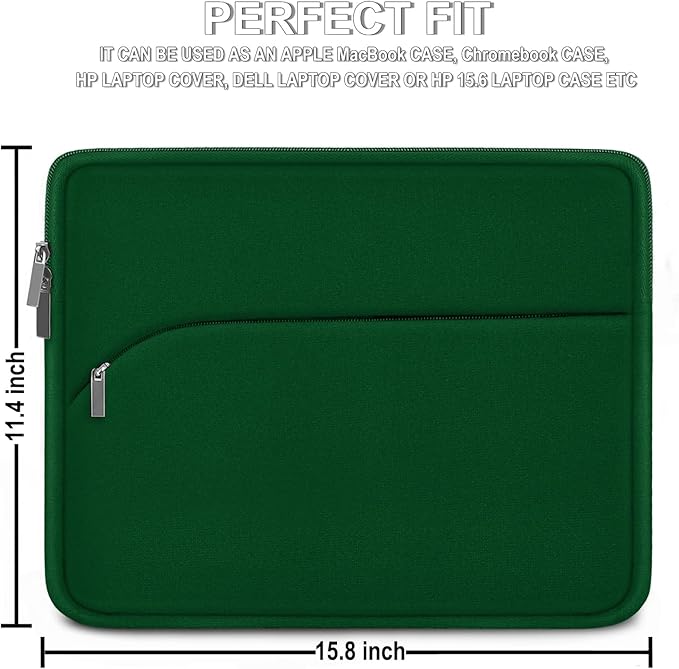 Laptop Sleeve 15.6 inch, Durable Portable Monitor Protective Cover with Front Pocket, Traveling Laptop Case Compatible for HP, Dell, Asus, Lenovo, Dark Green