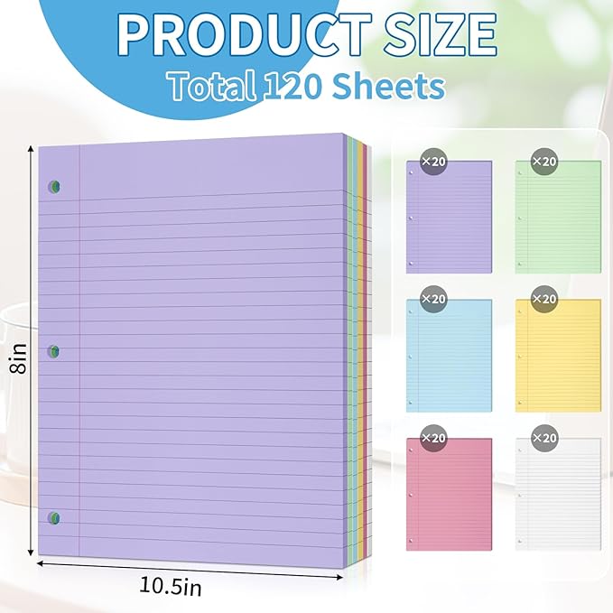 6 Color Loose Leaf Paper College Ruled, 120 Sheets 8" X 10.5" Colored Notebook Paper, 3-Hole Punched 70 Gsm Lined Paper For 3-Ring Binders, Loose Leaf Office Paper