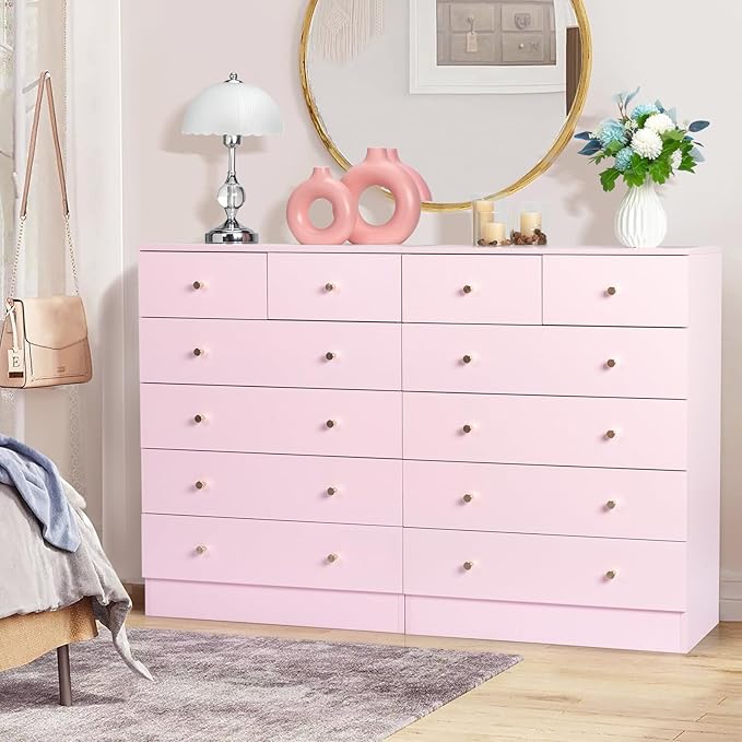 Karl home Pink 6 Drawer Dresser for Bedroom, Tall Dresser Chest of Drawers, Wood Pink Bedroom Dressers for Girls, Anti-Tipping Device, Rose Gold Metal Handle, Living Room, Entryway, Hallway, Office