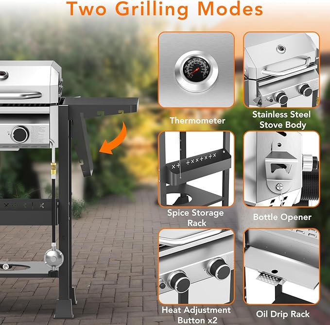 Electactic Propane Gas BBQ Grill 2-Burner Barbecue Grills with Cast Iron Frying Pan and Grates Combo, 16000 BTU Output Stainless Steel Grill for Outdoor Cooking, Patio, Backyard Party