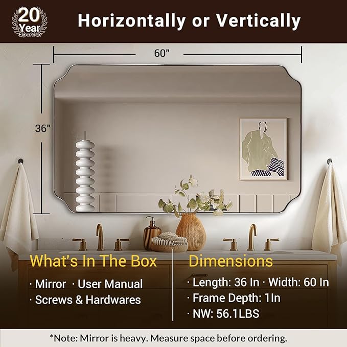 ANDY STAR 36"x60" Large Bathroom Mirror, Brushed Nickel Rectangle Mirror for Bathroom Vanity, Full Length Wall Mirror with Rust-Proof Stainless Steel Frame, Hangs Vertically or Horizontally