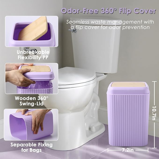 Bathroom Accessories Set, 9 Pieces Bamboo Bathroom Set with Trash Can, Tray, Soap Dispenser, Soap Dish, Toothbrush Holder, Toothbrush Cup, Toilet Brush and Qtip Holders