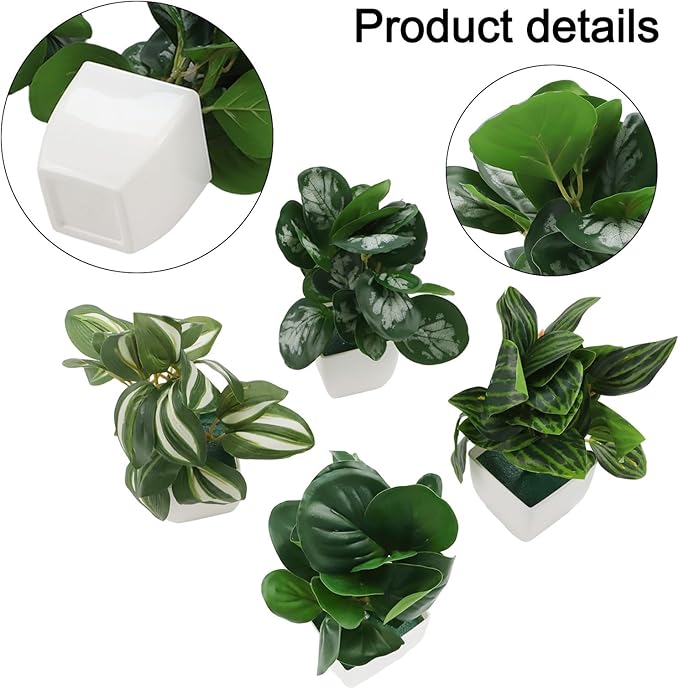 FABULETTA Artificial Potted Plants Set of 4 Small Faux Greenery for Indoor Home Decor, Realistic Plastic Mini Plants for Living Room, Bedroom, Kitchen, Office Shelves