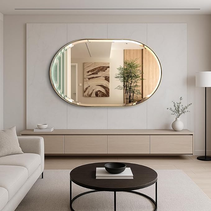 POZINO Oblong Beveled Mirror, 48"x28" Modern Bathroom Vanity Mirror Over Sink, Pill Shaped Capsule Wall Mounted Mirrors for Living Room Bedroom Entryway, Hangs Vertically or Horizontally