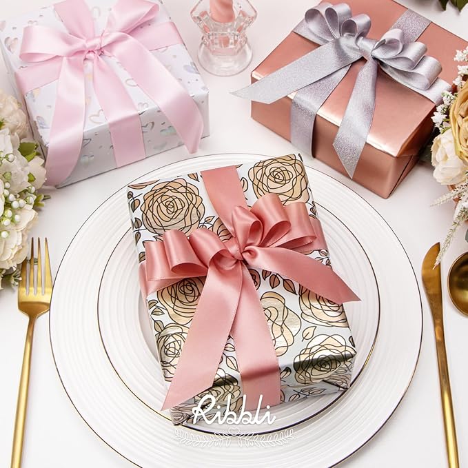 Ribbli Rose Gold Mother’s Day Wrapping Paper Mini Roll, 3 Rolls Happy Birthday Floral Heart Gift Wrap for Women Girl Friend Wedding - 17 inch x 120 inch(10feet) Per Roll