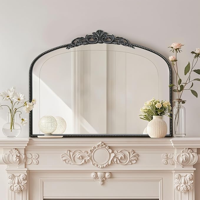 Micasso Large Vintage Black Mirror: 40"x29" French Baroque Antique Arched Mirror - Traditional Ornate Decorative for Wall/Fireplace/Mantel/Entryway/Bathroom/Hallway - Home Decor for Living Room