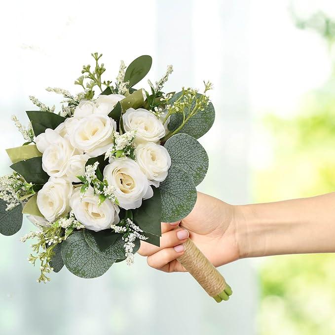 Wedding Bouquets for Bride Bridesmaid, 7.8" White Ivory Bouquet Artificial Silk Roses Flowers with Eucalyptus for Wedding Church Decoration