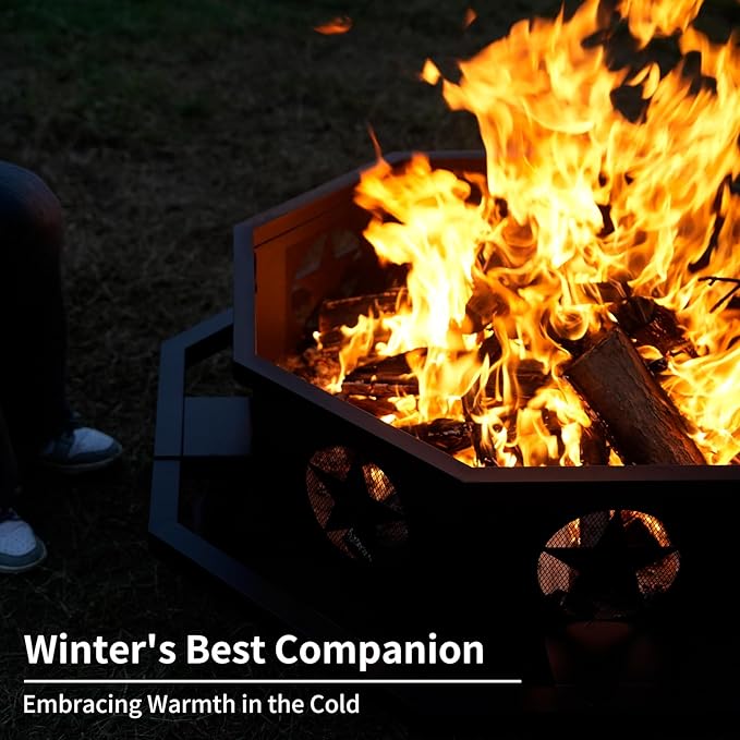 Auhilence 45 inch Large Fire Pit, Outdoor Fire Pit with Heavy Duty Construction, Wood Burning Fire Pits for Outside Octagonal Firepit for Camping, Backyard, Patio, Black