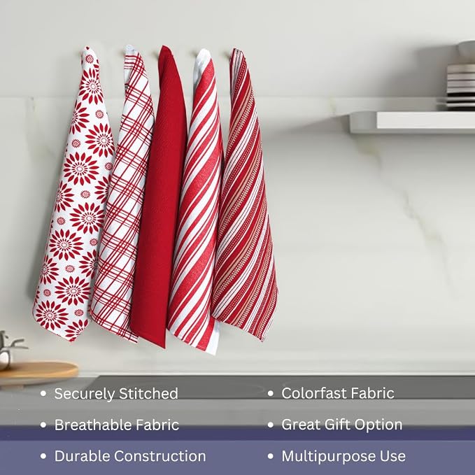 Assorted Kitchen Towels Set of 5-100% Cotton Dish Cloths Towels with Hanging Loop - Soft, Absorbent & Washable for Kitchen Use - Quick Drying Dish Towels 16x26 Inch Red