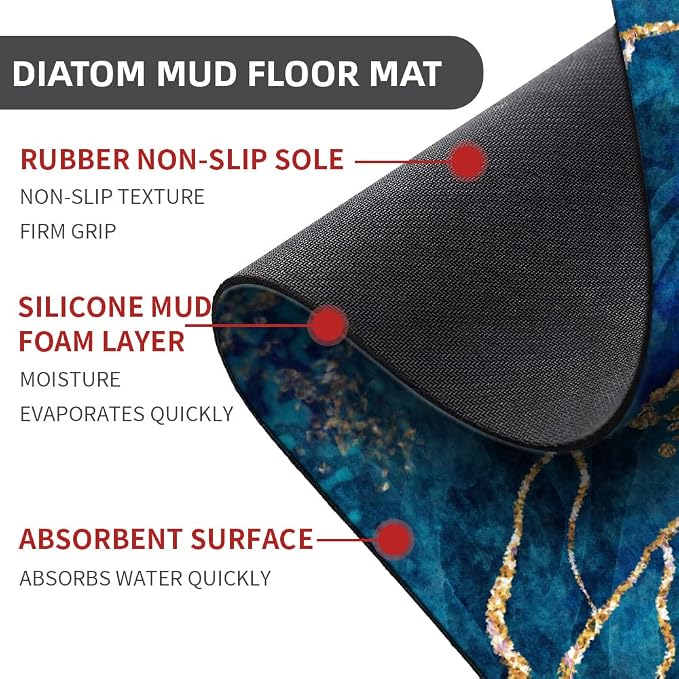Diatomaceous Earth Bath Mat,Blue White Black and Gold Marble Non-Slip Volume Super Absorbent Fast Drying for Bathroom Kitchen Door mat,Eco-Friendly Easy to Clean 20×31Inch (50 * 80cm)
