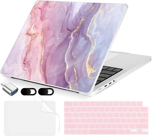 MecBevia MacBook Pro 14-Inch Case - Hard Shell Cover with Keyboard & Screen Protector | Pink Marble