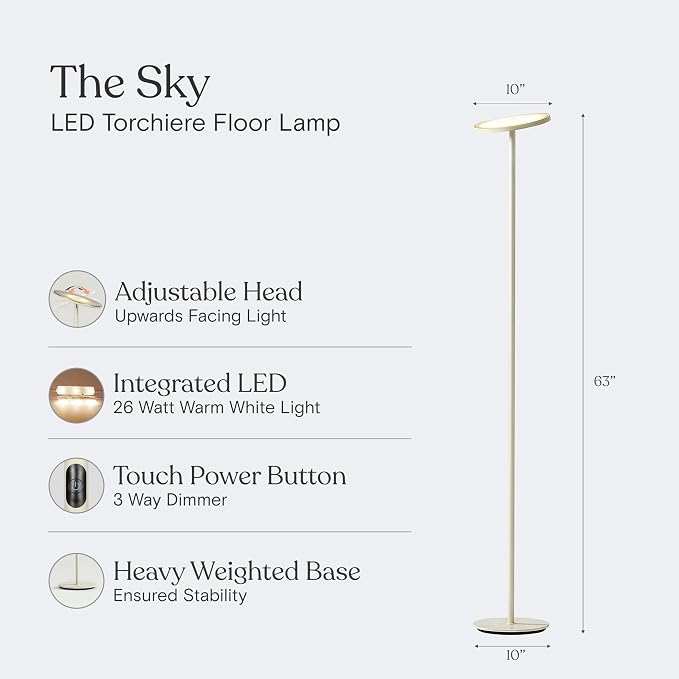 Brightech Sky LED Floor lamp, Torchiere Super Bright Floor Lamp for Living Room Decor & Office - Dimmable, Tall Standing Lamp with Warm Light for Bedroom & Reading - Cream