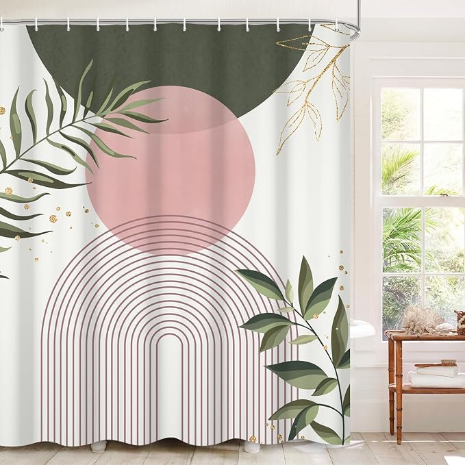 Boho Mid Century Shower Curtain, Pink Modern Minimalist Abstract Geometric Sage Green Gold Plant Leaves Bathroom Curtains Washable Waterproof Fabric Buthtub Curtain Set with Hooks 60" Wx72 L