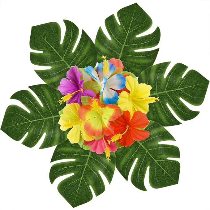 KUUQA 88 Pcs 20cm/8" Tropical Palm Leaves and Silk Hibiscus Flowers Party Decor, Artificial Monstera Plant Leaves Flowers Hawaiian Luau Party Jungle Beach Theme BBQ Birthday Party Decorations Supplie