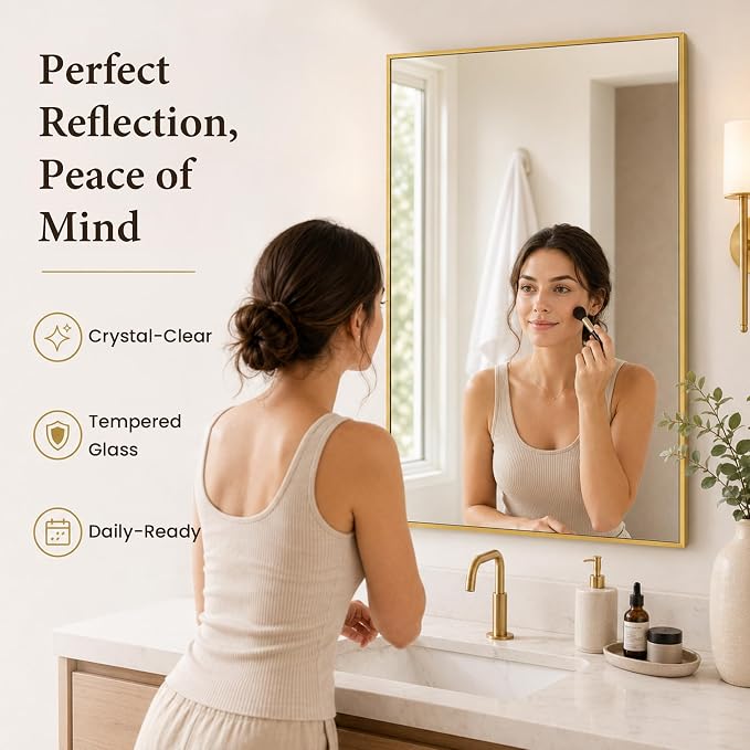 24x36 Inch Brushed Gold Bathroom Mirrors Set of 2, Tempered Glass Rectangular Wall Mirror, Rustproof Metal Frame Double Vanity Mirrors for Over Sink, Entryway, Flush Mount