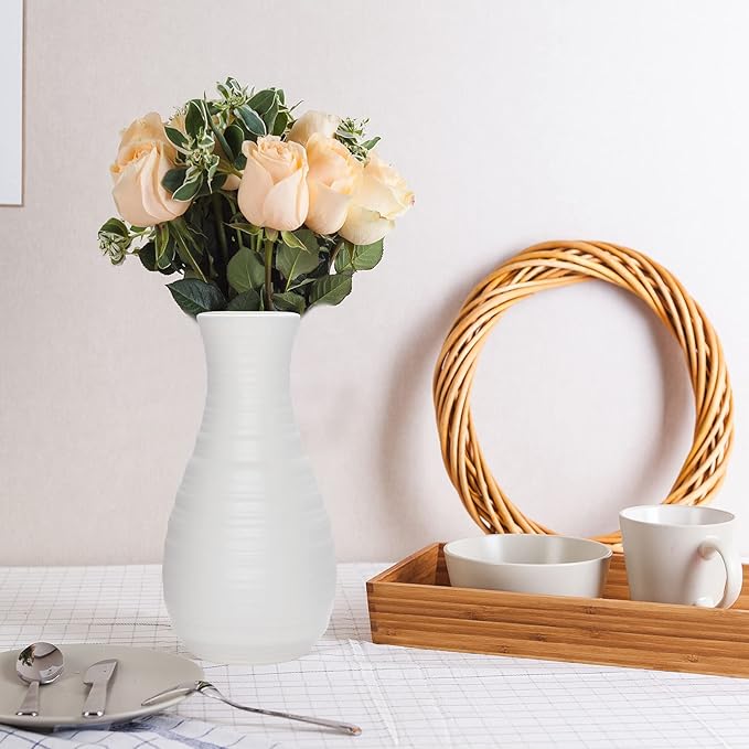 2 Pack Composite Plastics Flower Vase, Unbreakable Ceramic Look Vase for Home Decor Centerpieces, Arranging Bouquets (White)