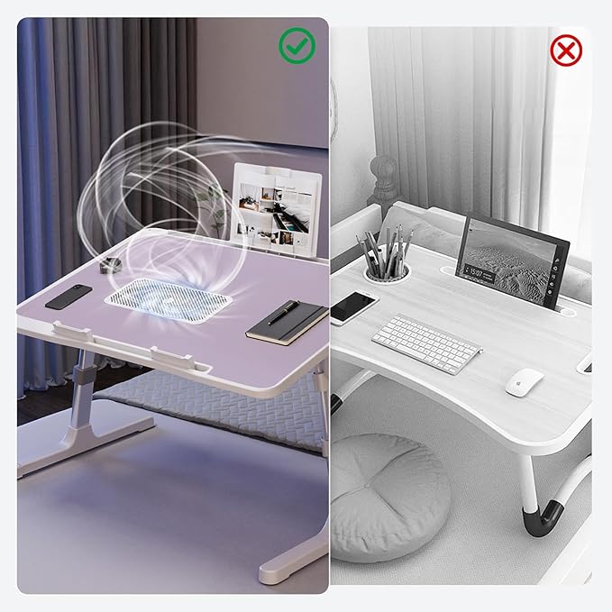 iXTRA Laptop Lap Desk Include Cooling Fan,Adjustable Lap Desk with Light Fan,Folding Laptop Desk for Bed with USB,Bed Desk with Storage Drawer 56x32cm,Purple