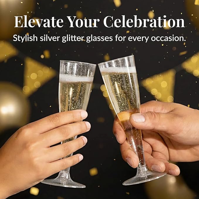 Prestee 200 Disposable Champagne Flutes Plastic 200 Pack - Silver Glitter Champagne Flutes for Weddings, Parties, and New Year’s Eve - 4.5 Oz Plastic Silver Party Glasses