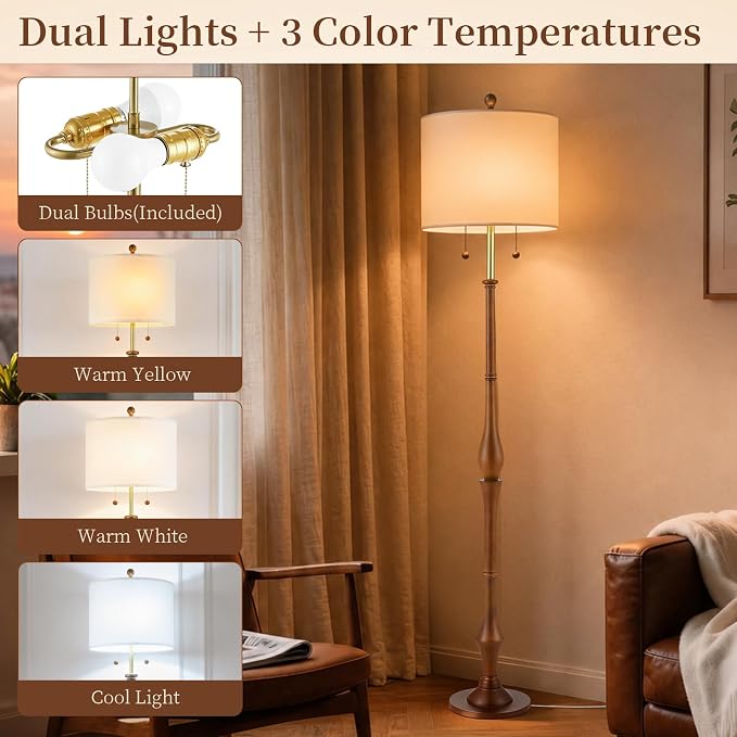67.5'' Rustic Wooden Floor Lamp with Linen Shade, Farmhouse Standing Lamp for Living Room, Bedroom & Reading Nook, Warm Ambient Tall Lamp with Pull Chain (Brown)