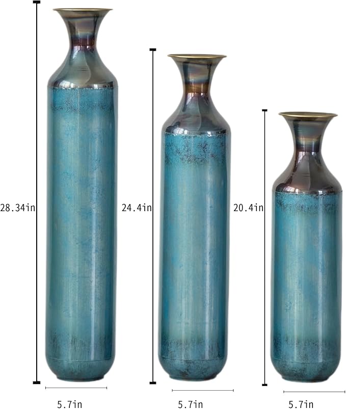 Metal Floor Vases Decorative, Set of 3 Flower Arrangement Stand, Tall Blue Metal Floor Vases for Living Room, Bedroom & Entryway, 28.34", 24.4", 20.4" H (Aqua Blue)
