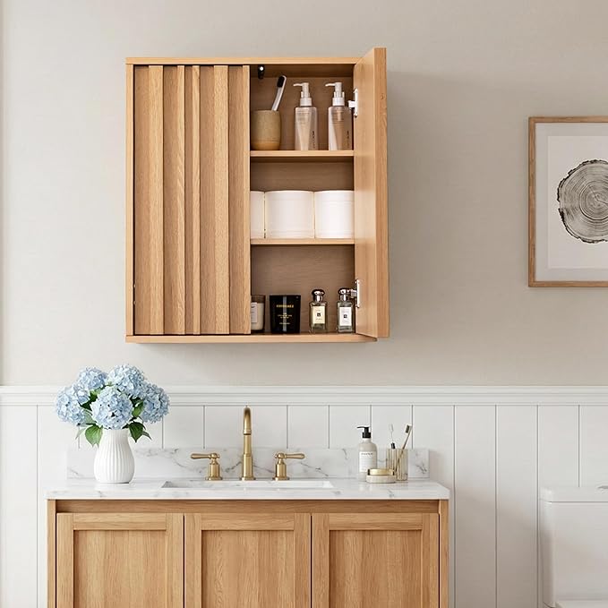 VANIRROR Fluted Bathroom Wall Cabinet Over Toilet, 15mm Thick Moisture-Resistant Wood Hanging Storage with Push-to-Open Doors, Japandi Floating Medicine Cabinet for Half Bath & Kitchen, Natural Oak