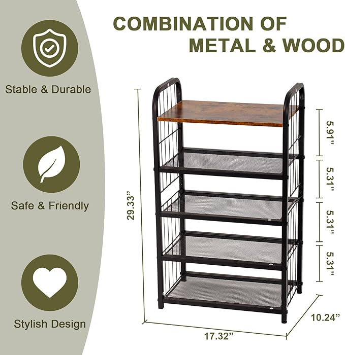 BWOORACKU Shoe Rack, 5-Tier Shoe Organizer with Guardrails, Heavy-Duty Metal Mesh Shelves & Rustic Wooden Top for Stylish Closet & Front Door Storage