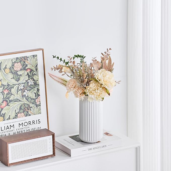 Ekirlin White Ceramic Flower Vase - 8 inch Small Vase for Home Decor, Pampas Grass Decorative Centerpiece Ribbed Vase for Dining Table, Office, Desktop, Mantel, Entryway, Farmhouse, Best Gift