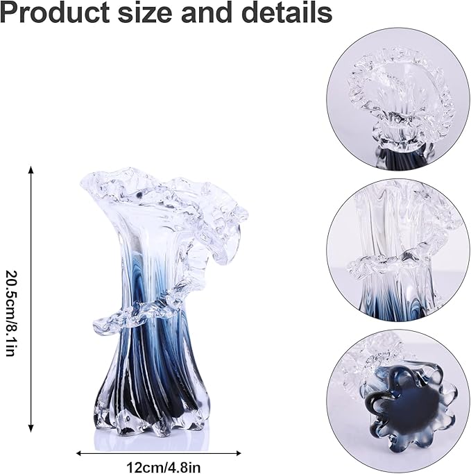 8.1" H Blue Ocean Wave Vase, Blown Glass Vase, Unique Modern Art Beautiful Hand Blown Coastal Centerpieces for Living Room, Bedroom, Office Desktop, Coffee Table, and Wedding Decorative (S)