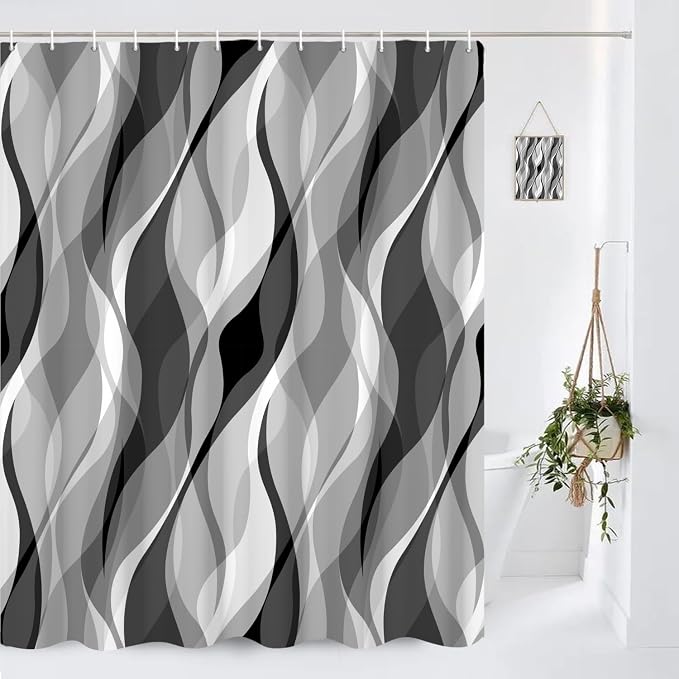 Grey Shower Curtains Black and White Modern Abstract Striped Bathroom Curtain Minimalist Geometric Polyester Shower Curtain Sets for Bathroom Extra Long 60x72 in with 10 Hooks
