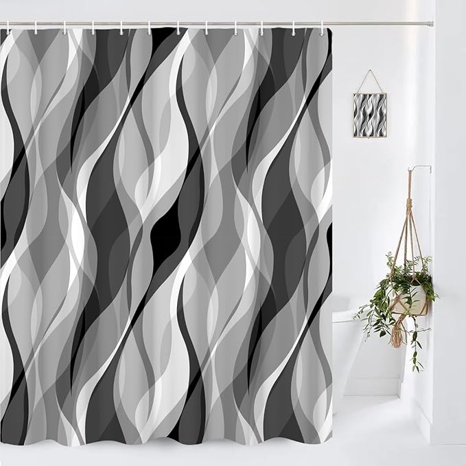 Grey Shower Curtains Black and White Modern Abstract Striped Bathroom Curtain Minimalist Geometric Polyester Shower Curtain Sets for Bathroom Extra Long 69x70 in with 12 Hooks