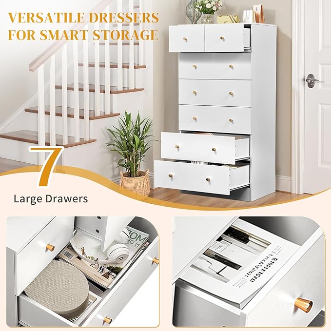 Karl home White 7 Drawer Dresser for Bedroom, Tall Dresser Chest of Drawers, Rustic Wood Bedroom Dressers Clothes Organizer, Anti-Tipping Device, Rose Gold Metal Handle, Living Room, Entryway, Office