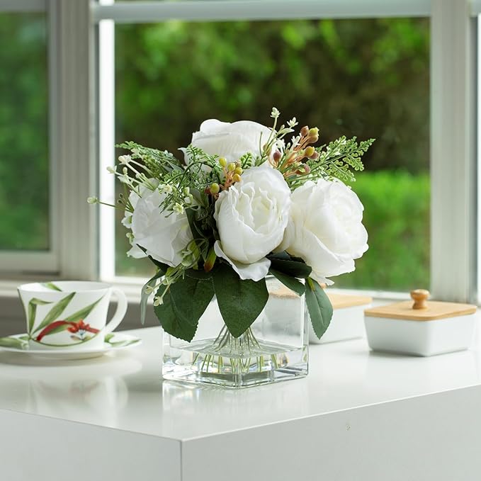 ENOVA FLORAL Artificial Flower Arrangement with Vase,Mixed Artificial Fake Silk Peony Flower in Vase for Decoration Home Office, Wedding Centerpiece (Cream)