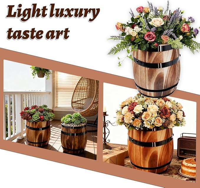 Sunmuliiiy1Pcs Wood Wine Barrel Vase 8" x 6.5" Rustic Wooden Flower Vase Rustic Barrel Barrel Planter for Wedding Reception Table Decoration Home Indoor Outdoor Garden, Kitchen, Party Table Decoration