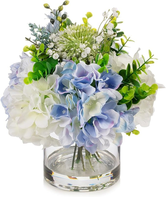 ENOVA FLORAL Artificial Hydrangea Flowers in Vase, Mixed White and Blue Silk Hydrangea in Vase with Faux Water for Dining Table Centerpieces, Home Decor Indoor (FL-159-BlueCream)