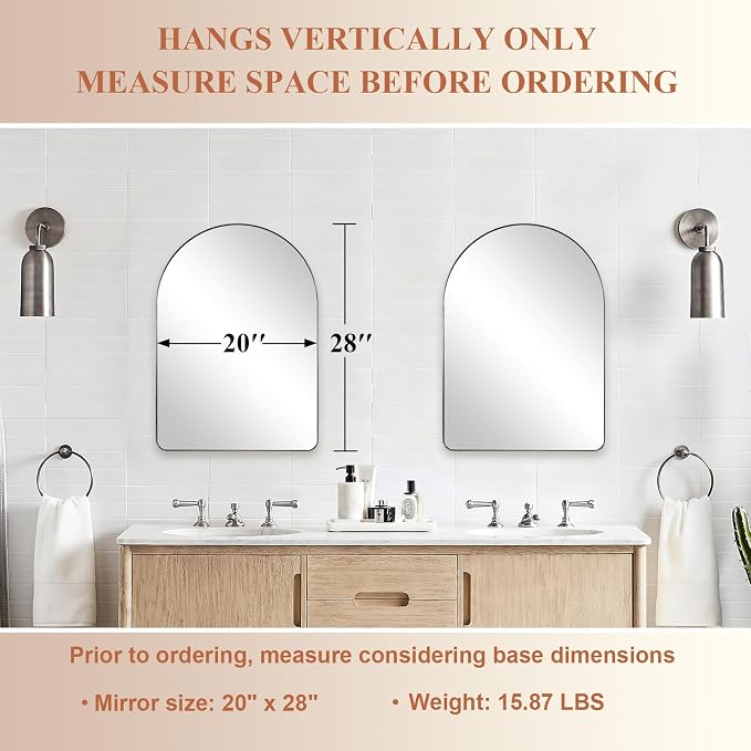 ANDY STAR Arched Mirror, 20 x 28 Inch Brushed Nickel Wall Mirror in Stainless Steel Metal Frame, Arch Top Rounded Corner 1 Inch Deep Set Design Wall Mount Hangs Vertical