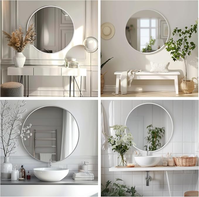 Sunniry White Round Mirror 30 inch, Large Round Mirror, Bathroom Mirror Matte Metal Frame, Circle Mirrors for Living Room, Bathroom, Wall, Hallway.