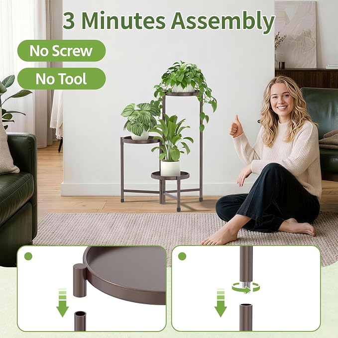LASZOLA 3 Tier Large Plant Stand Indoor Tall with 10 Inch Metal Tray, Corner Folding Flower Display Rack, Modern Plant Holder Shelf for Outdoor Patio Porch Garden Office Living Room, Bronze