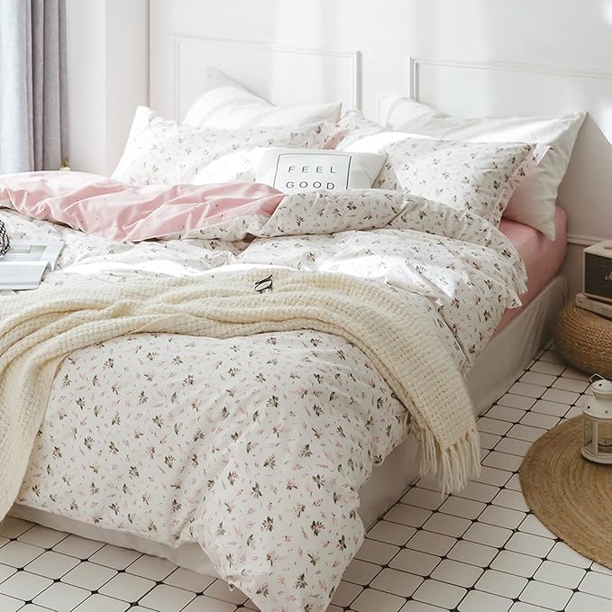 HighBuy Floral Girl Duvet Cover Twin White Pink Flower Coquette Bedding Set with Zipper Closure Soft Cotton Bedding Comforter Cover Aesthetic 3 Pieces for Kids Bedroom Collection 4 Corner Ties