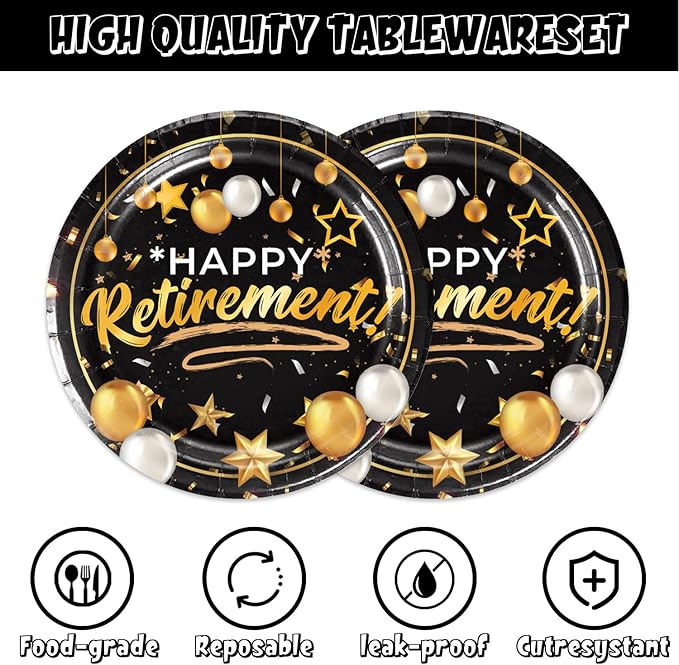48pcs Retirement Party Decoration Set,16 Dessert plate,16 Napkin And 16 Fork,16 persons Black Gold Disposable tableware,Black Gold Retirement Party Supplies
