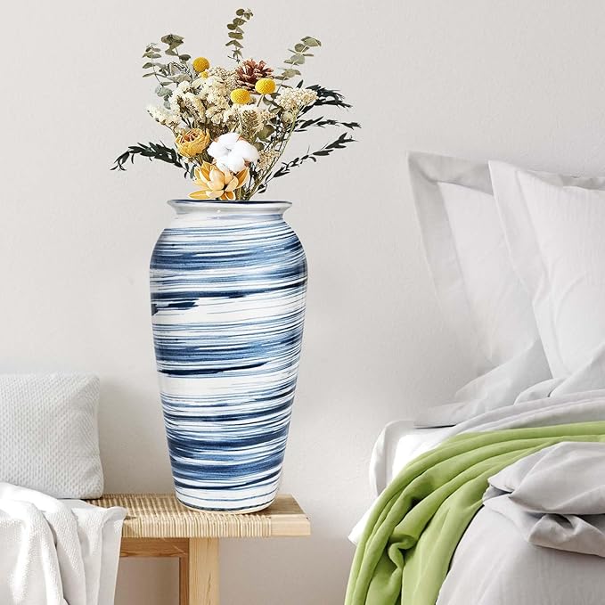 Decorative Ceramic Boho Floor Vase, 12 Inch Blue White Striped Tall Modern Flower Vase for Home Decor, Smooth Glaze Pottery Decor for Living Room,Entryway,Office,Shelf,Centerpieces Decor,Housewarming
