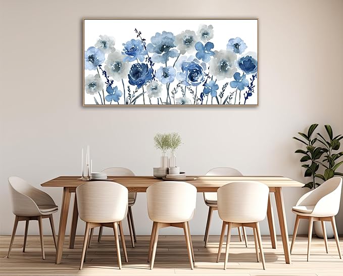 Framed Flowers Canvas Wall Art - Indigo Floral Canvas Pictures Living Room Wall Decor Botanical Canvas Prints Painting Abstract Artwork Bedroom Office Home Decor 29"x 58"