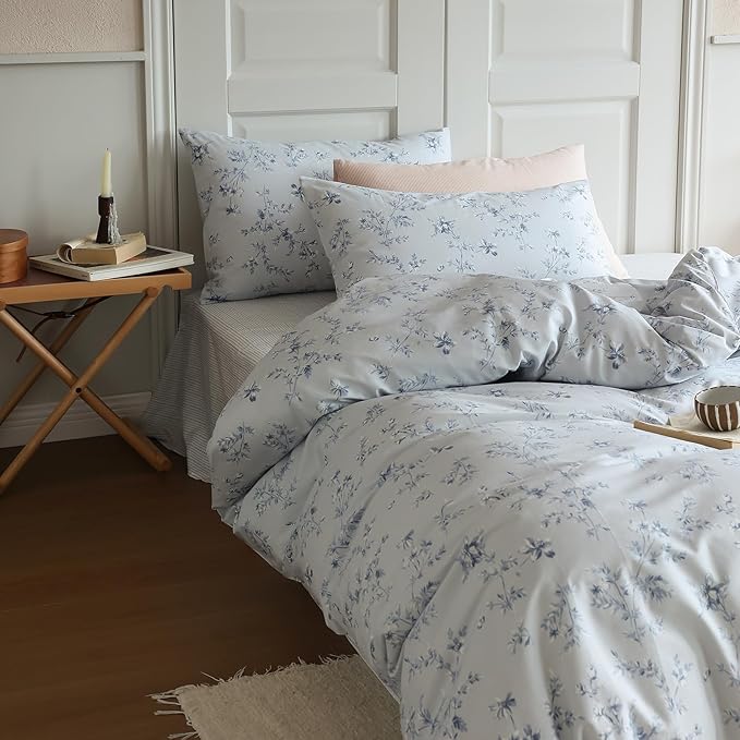 Vintage Style Garden Floral Duvet Cover Full 3 Pieces Cotton Flower Duvet Cover Blue Floral Bedding Cover with 2 Pillowcases Reversible Floral Botanical Comforter Cover Cottagecore Bedding Set Full