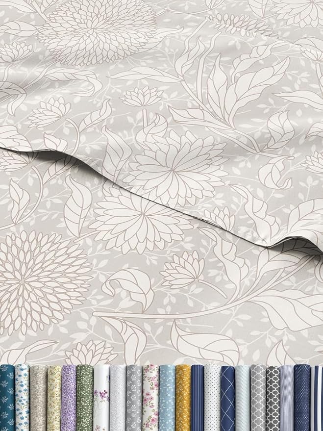 Floral Sheets - Beige Floral Bed Sheet Set - 1 Flat, 1 Fitted & 2 Pillowcases w/ Deep Pockets - Comfy, Wrinkle & Fade Free - Boho Botanical Bedding - Ultra-Soft, Breathable & Cooling - Queen Size