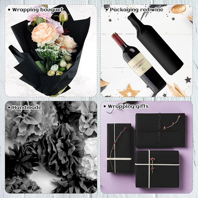 NEBURORA 120 Black Tissue Paper Sheets - 14 x 20 Inches, Gift Bags, Packaging, Floral Filler, Crafts, Birthday, Christmas, Halloween Decor