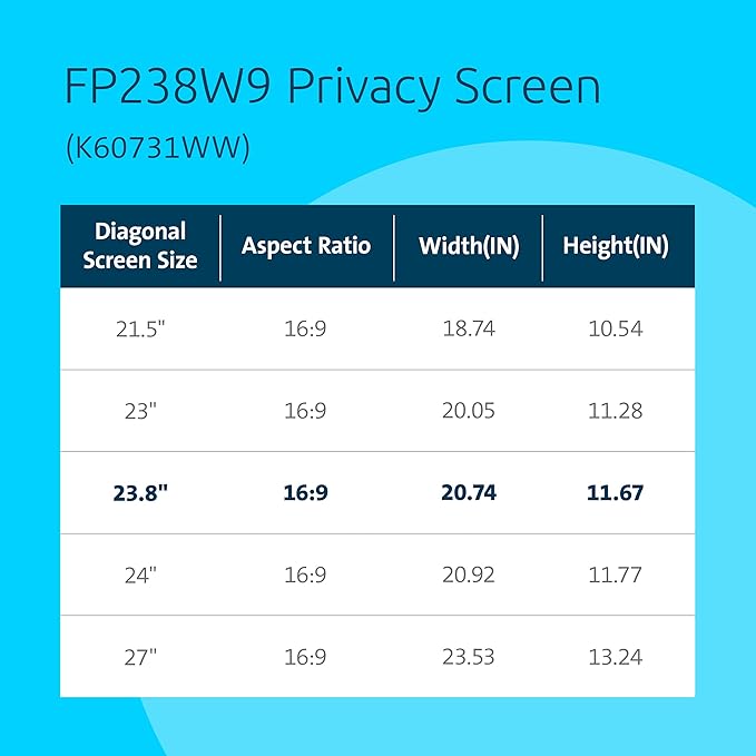 Kensington 23.8 inch Computer Privacy Screen for Desktop, 16:9 Widescreen Monitor, FP238W9 Anti-Glare Blue Ray Reduction Computer Privacy Filter, Matte and Glossy Viewing Options, K55416WW