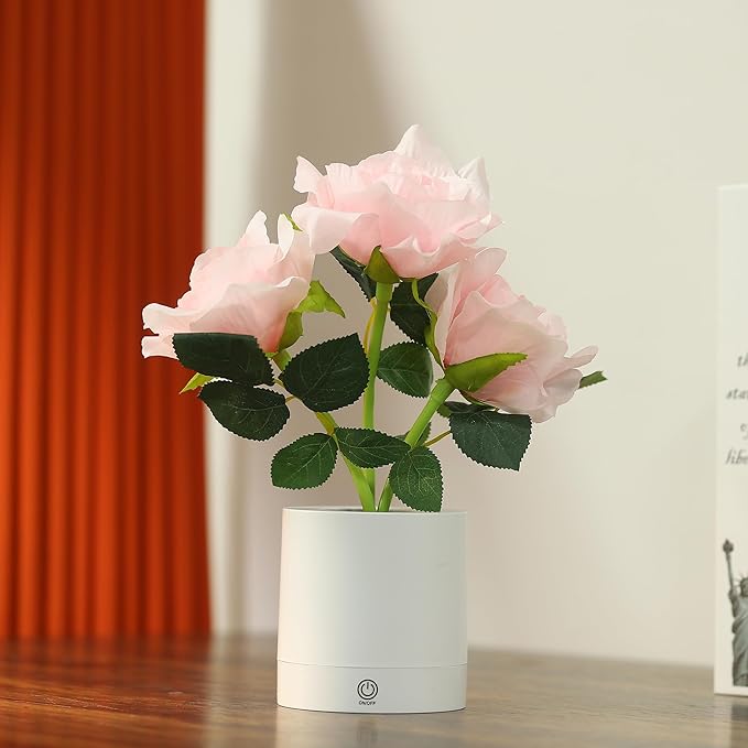 WSYEAR Pink Rose Flower Lamp, Christmas Day LED Artificial Flowers Gifts for Her Wife Girlfriend Small Table Lamp Night Light, Cordless Touch Lamp