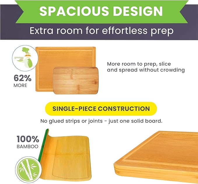 Glue-Free Surface™ Extra Large Bamboo Cutting Board Set – For Chopping Vegetables, Carving Meat, Slicing Bread, and Serving Cheese & Charcuterie for Safer Family Meal Prep – For Health Conscious Chefs