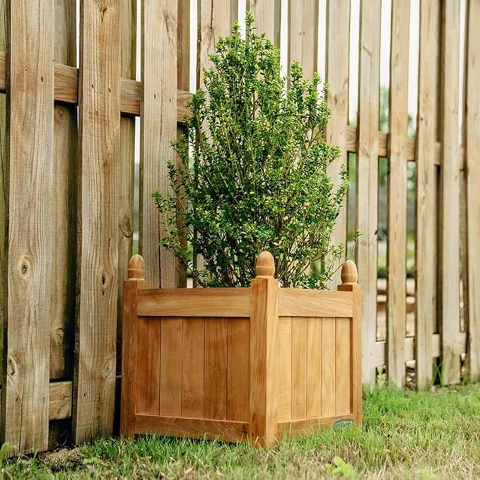 Ash & Ember Grade A Teak 25in Square Planter Box, Indoor Outdoor Large Cubed Flower Box, Weather Resistant Backyard Decor